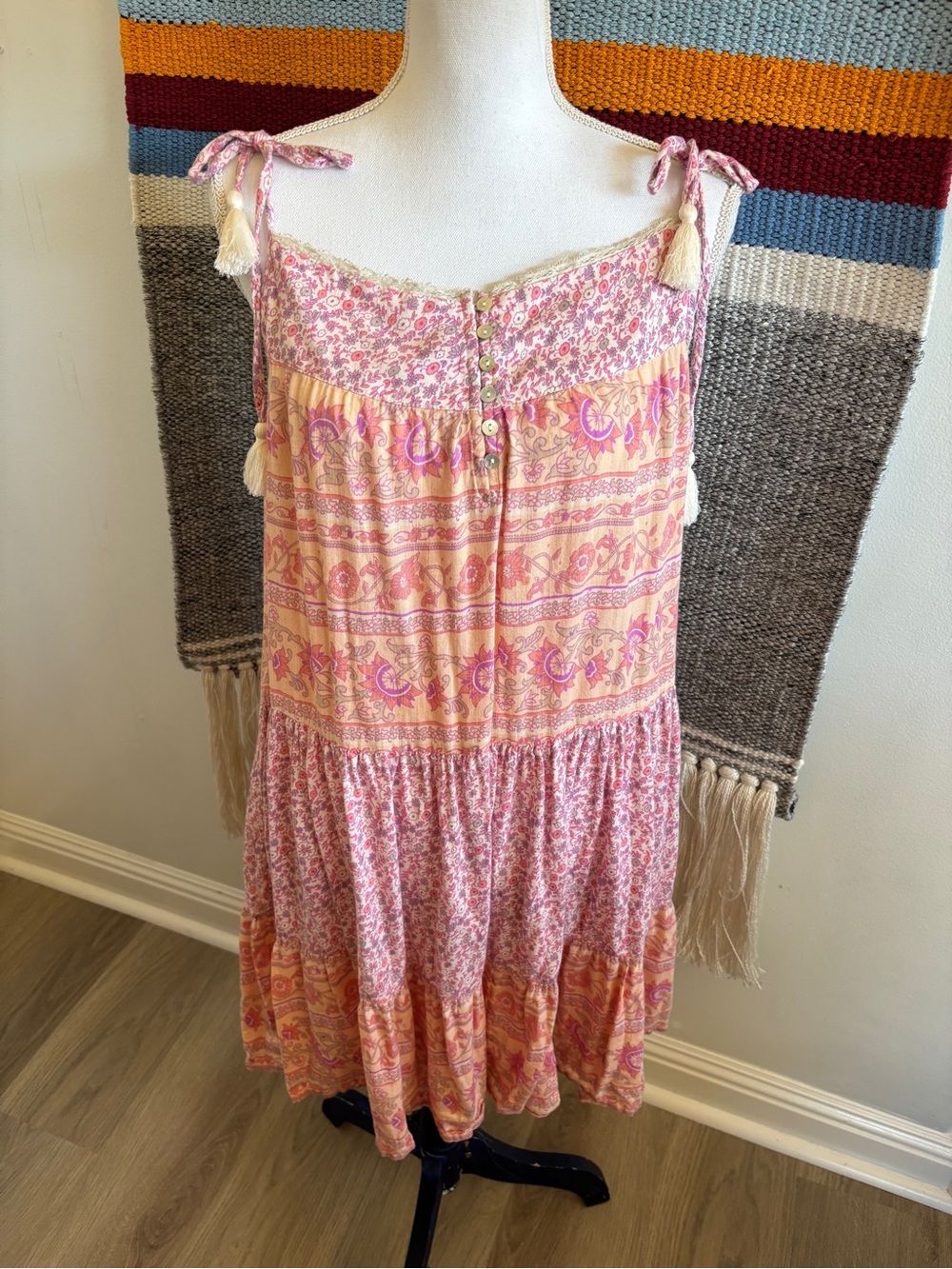 Lucky Brand Pink and Peach Tie-Shoulder Tiered Midi Dress